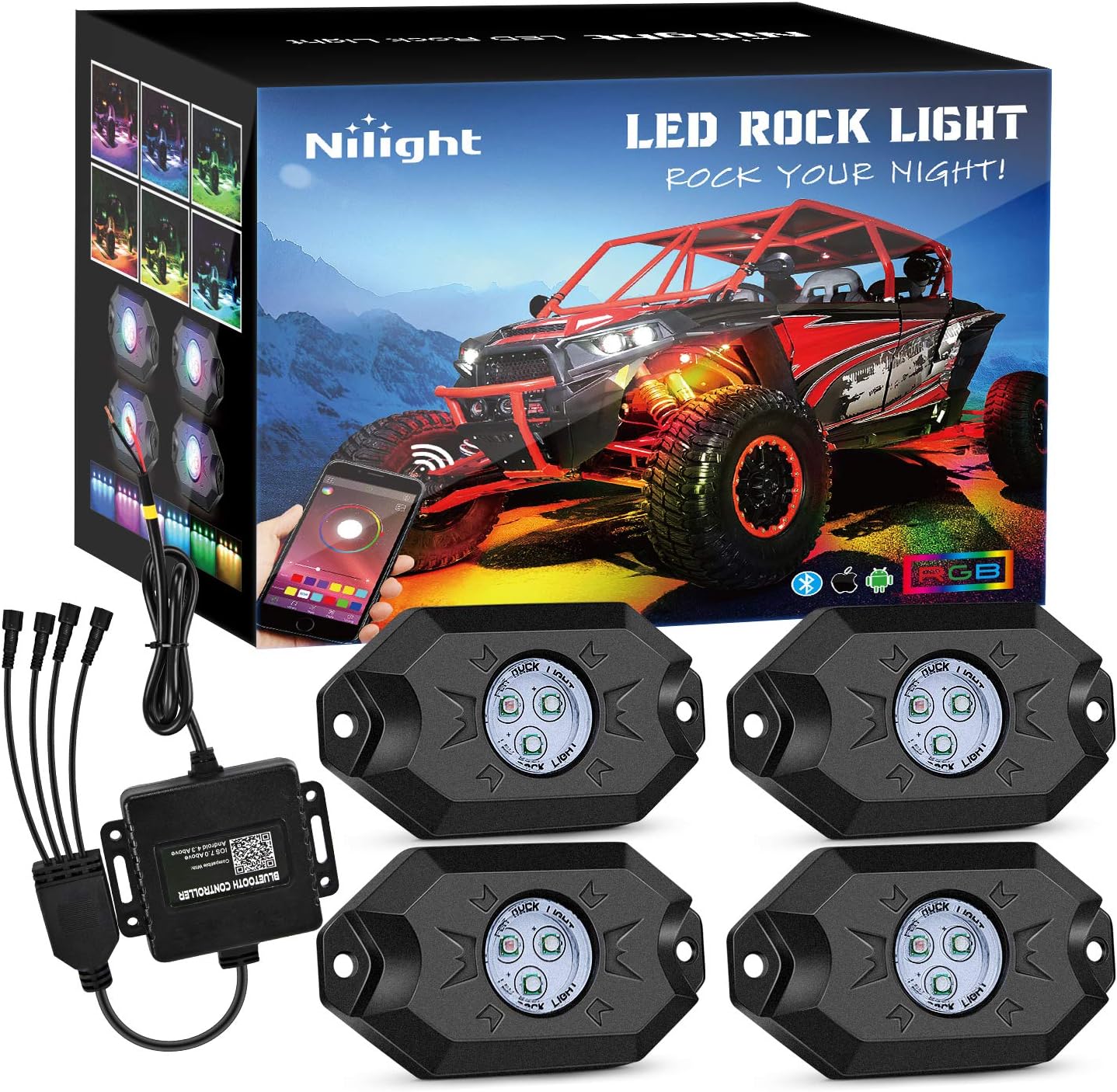 RGB LED Rock Lights Kit Multicolor Underglow with Bluetooth App Control & Music Mode