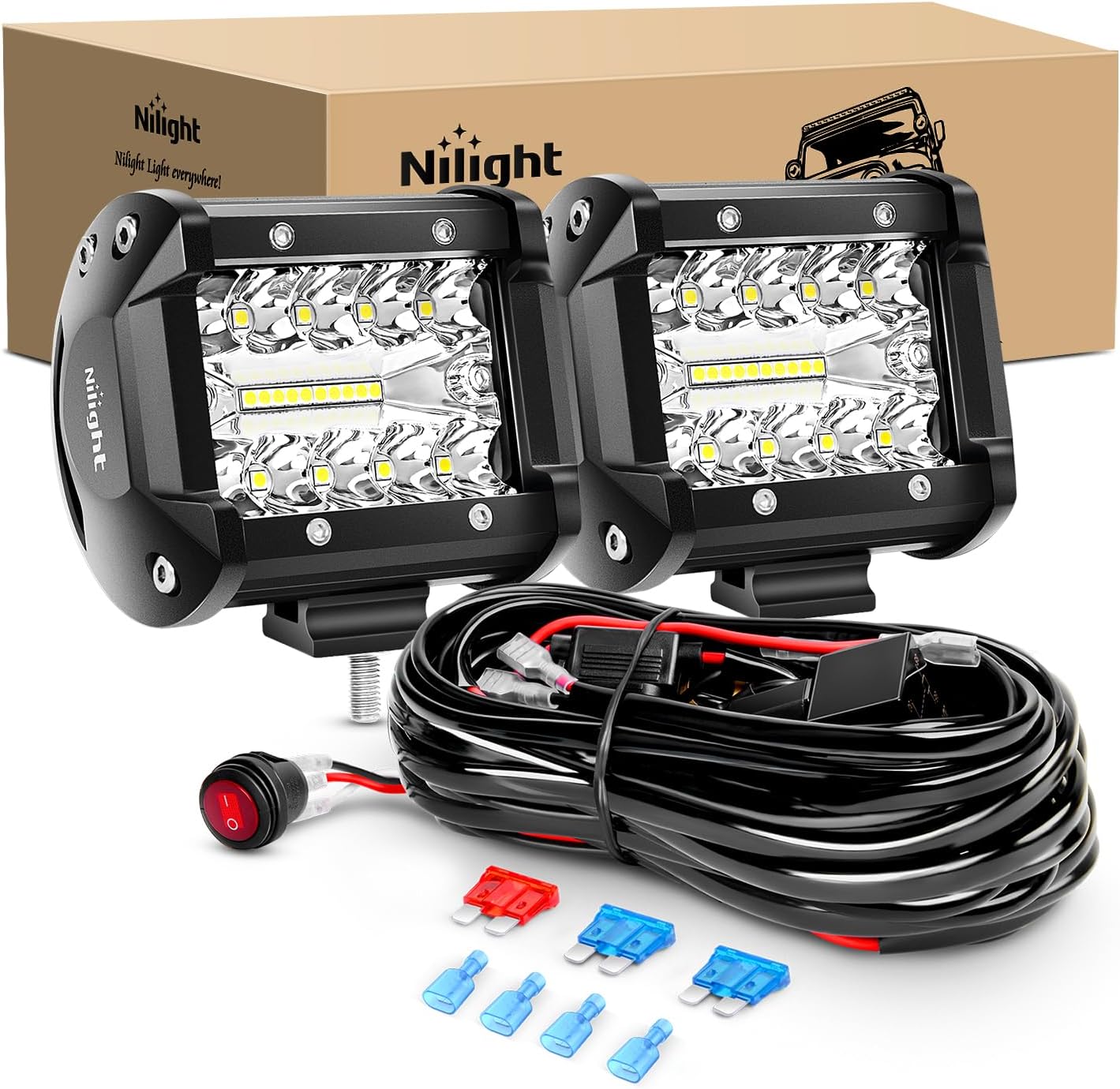 2 LED Light Bar 60W 4 Inch Flood Spot Combo Work Lights with Wiring Harness Kit